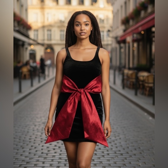 QUONTUM England M Vintage 80’s Tank Stretch Dress Big Red Iridescent Bow Accent - Picture 14 of 14